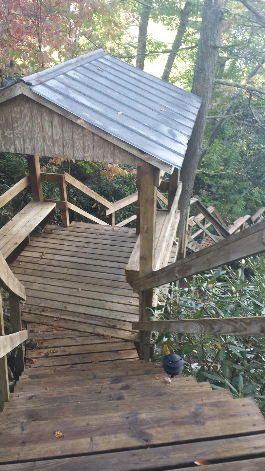 Metal roofed shelter over wooden steps on a wooded walkway — Skylight Repair & Installation work by our crew in Browder